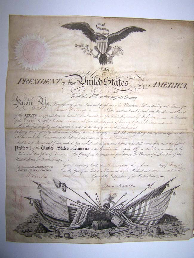 A War of 1812 Military Commission signed by Pres. James Madison on June 1, 1810, appointing James Bryson as Second Lt.